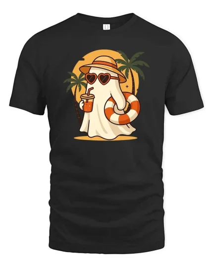 Summer Ghost Beach T-Shirt Cute Funny Vacation Graphic Style - black t-shirt on white background