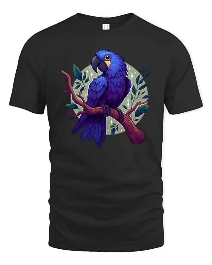 Blue Parrot T-Shirt Colorful Tropical Bird Graphic Style Tee - black t-shirt on white background