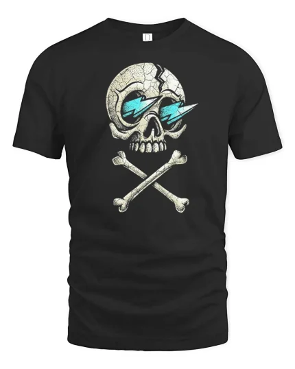 Cracked Skull T-Shirt Cool Lightning Eyes Dark Graphic Tee - black t-shirt on white background