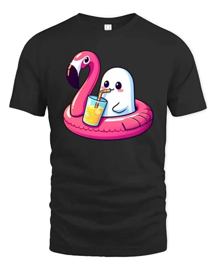 Cute Summer Ghost Flamingo T-Shirt Funny Beach Graphic Tee - black t-shirt on white background