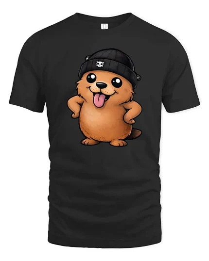 Cute Beaver Beanie T-Shirt Funny Cartoon Animal Graphic Tee - black t-shirt on white background