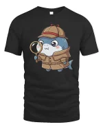 Cute Detective Shark T-Shirt Funny Cartoon Mystery Style - black t-shirt on white background