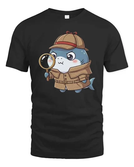 Cute Detective Shark T-Shirt Funny Cartoon Mystery Style - black t-shirt on white background