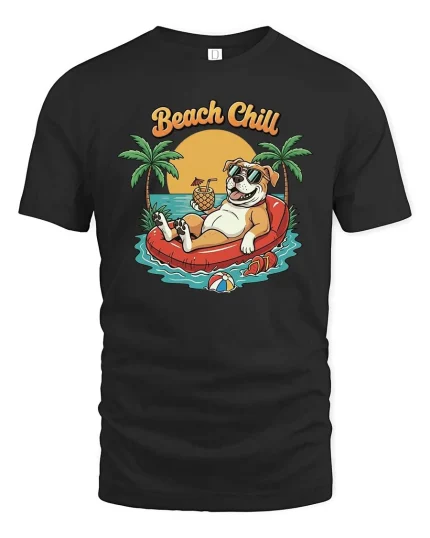 Beach Chill Dog T-Shirt Funny Summer Vacation Graphic Style - black t-shirt on white background