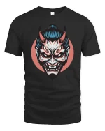 Japanese Oni Mask T-Shirt Dark Samurai Demon Graphic Style - black t-shirt on white background