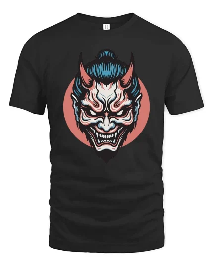 Japanese Oni Mask T-Shirt Dark Samurai Demon Graphic Style - black t-shirt on white background