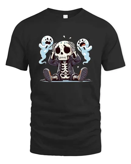 Funny Scared Skeleton T-Shirt Cute Spooky Cartoon Style Tee - black t-shirt on white background