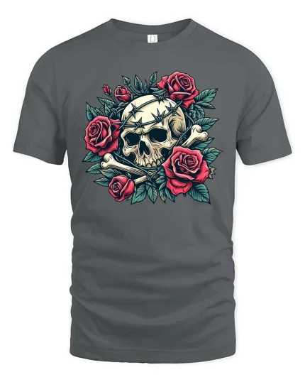 Gothic Skull Rose T-Shirt Premium Soft Dark Aesthetic Style - gray t-shirt on white background
