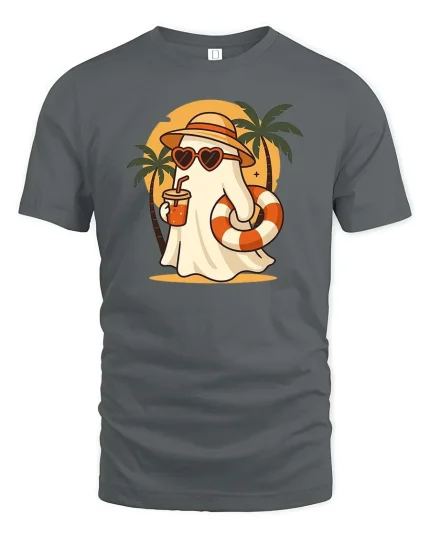 Summer Ghost Beach T-Shirt Cute Funny Vacation Graphic Style - gray t-shirt on white background
