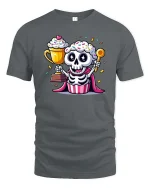 Funny Cupcake Skeleton T-Shirt Cute Sweet Graphic Style Tee - gray t-shirt on white background