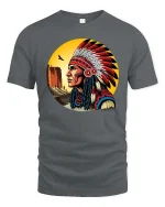 Native Chief Feather Headdress T-Shirt Vintage Art Style Tee - gray t-shirt on white background