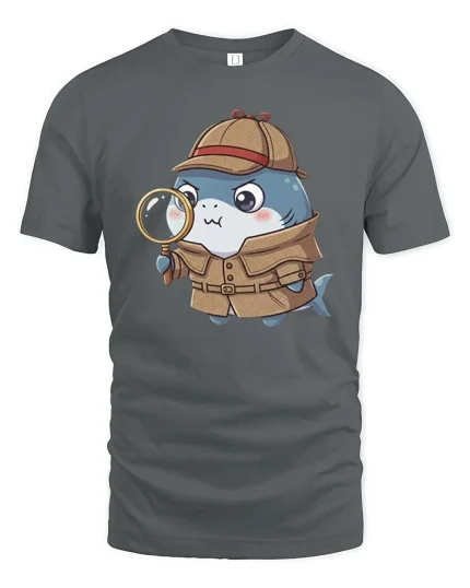Cute Detective Shark T-Shirt Funny Cartoon Mystery Style - gray t-shirt on white background