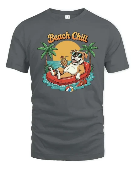 Beach Chill Dog T-Shirt Funny Summer Vacation Graphic Style - gray t-shirt on white background