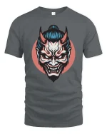 Japanese Oni Mask T-Shirt Dark Samurai Demon Graphic Style - gray t-shirt on white background