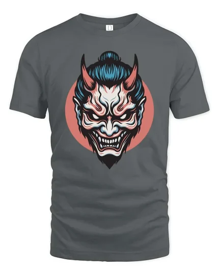 Japanese Oni Mask T-Shirt Dark Samurai Demon Graphic Style - gray t-shirt on white background