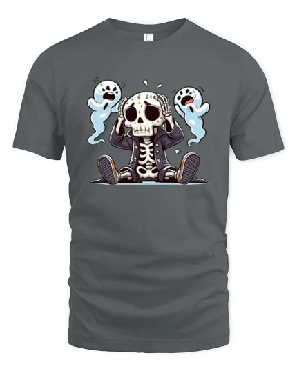 Funny Scared Skeleton T-Shirt Cute Spooky Cartoon Style Tee - gray t-shirt on white background