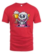 Funny Cupcake Skeleton T-Shirt Cute Sweet Graphic Style Tee - red t-shirt on white background