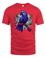 Blue Parrot T-Shirt Colorful Tropical Bird Graphic Style Tee - red t-shirt on white background