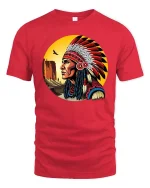 Native Chief Feather Headdress T-Shirt Vintage Art Style Tee - red t-shirt on white background