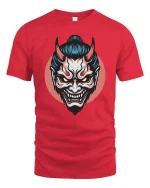 Japanese Oni Mask T-Shirt Dark Samurai Demon Graphic Style - red t-shirt on white background