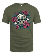 Gothic Skull Rose T-Shirt Premium Soft Dark Aesthetic Style - military green t-shirt on white background