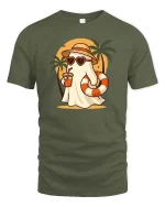 Summer Ghost Beach T-Shirt Cute Funny Vacation Graphic Style - military green t-shirt on white background