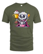 Funny Cupcake Skeleton T-Shirt Cute Sweet Graphic Style Tee - military green t-shirt on white background