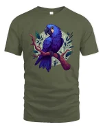 Blue Parrot T-Shirt Colorful Tropical Bird Graphic Style Tee - military green t-shirt on white background