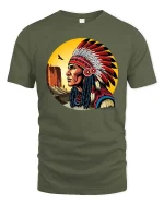 Native Chief Feather Headdress T-Shirt Vintage Art Style Tee - military green t-shirt on white background