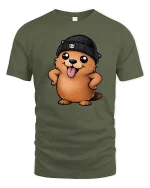 Cute Beaver Beanie T-Shirt Funny Cartoon Animal Graphic Tee - military green t-shirt on white background