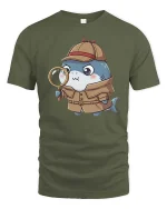 Cute Detective Shark T-Shirt Funny Cartoon Mystery Style - military green t-shirt on white background