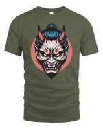 Japanese Oni Mask T-Shirt Dark Samurai Demon Graphic Style - military green t-shirt on white background