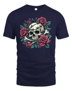 Gothic Skull Rose T-Shirt Premium Soft Dark Aesthetic Style - navy t-shirt on white background