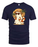 Summer Ghost Beach T-Shirt Cute Funny Vacation Graphic Style - navy t-shirt on white background