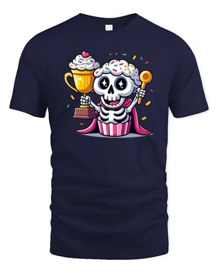 Funny Cupcake Skeleton T-Shirt Cute Sweet Graphic Style Tee - navy t-shirt on white background