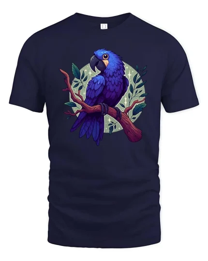 Blue Parrot T-Shirt Colorful Tropical Bird Graphic Style Tee - navy t-shirt on white background