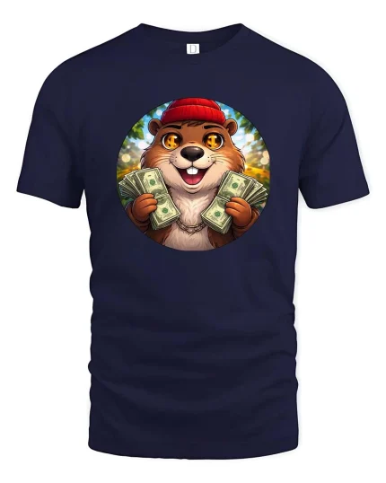 Funny Money Beaver T-Shirt Cute Rich Animal Graphic Style - navy t-shirt on white background