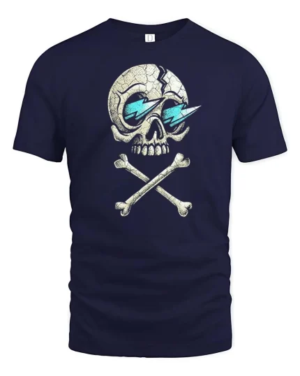 Cracked Skull T-Shirt Cool Lightning Eyes Dark Graphic Tee - navy t-shirt on white background