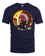 Native Chief Feather Headdress T-Shirt Vintage Art Style Tee - navy t-shirt on white background