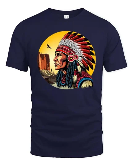 Native Chief Feather Headdress T-Shirt Vintage Art Style Tee - navy t-shirt on white background