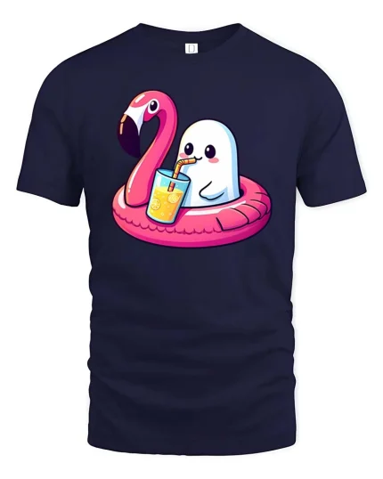 Cute Summer Ghost Flamingo T-Shirt Funny Beach Graphic Tee - navy t-shirt on white background