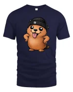 Cute Beaver Beanie T-Shirt Funny Cartoon Animal Graphic Tee - navy t-shirt on white background
