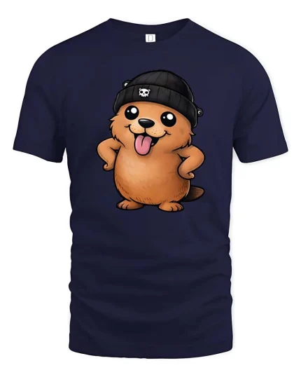 Cute Beaver Beanie T-Shirt Funny Cartoon Animal Graphic Tee - navy t-shirt on white background