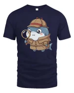 Cute Detective Shark T-Shirt Funny Cartoon Mystery Style - navy t-shirt on white background