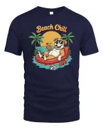 Beach Chill Dog T-Shirt Funny Summer Vacation Graphic Style - navy t-shirt on white background