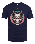 Japanese Oni Mask T-Shirt Dark Samurai Demon Graphic Style - navy t-shirt on white background