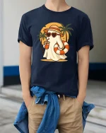 Summer Ghost Beach T-Shirt Cute Funny Vacation Graphic Style - model wearing navy tee with hands in pockets