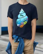 Ocean Turtle Shell T-Shirt Underwater Coral Reef Graphic Tee - model wearing navy tee with hands in pockets