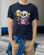 Funny Cupcake Skeleton T-Shirt Cute Sweet Graphic Style Tee - model wearing navy tee with hands in pockets