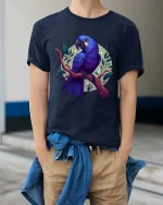 Blue Parrot T-Shirt Colorful Tropical Bird Graphic Style Tee - model wearing navy tee with hands in pockets